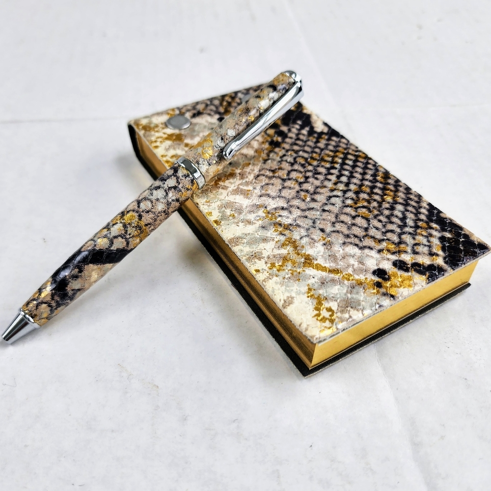 Graphic Image Refillable Gold Italian Leather Python Flip Pad Pen Set